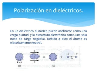 En un dieléctrico el núcleo puede analizarse como una
carga puntual y la estructura electrónica como una sola
nube de carga negativa. Debido a esto el átomo es
eléctricamente neutral.
Polarización en dieléctricos.
 