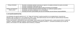 Enfoque Ambiental ▪ Docentes y estudiantes plantean soluciones en relación a la realidad ambiental de nuestra comunidad.
▪ Docentes y estudiantes implementan las 3R.
▪ Docentes y estudiantes promueven estilos de vida en armonía con el ambiente.
Enfoque de Orientación
al bien común
▪ Estudiantes comparten siempre los bienes disponibles con sentido de equidad y justicia.
▪ Estudiantes demuestran solidaridad con sus compañeros.
▪ Docentes promueven oportunidades para que los estudiantes asuman diversas responsabilidades.
IV. SITUACIÓN SIGNIFICATIVA:
Los estudiantes de segundo grado de la I.E. 141 “Virgen de Cocharcas” cuando encuentran en sus carpetas basura, consumen sus
alimentos, tajan sus lápices, etc. Por lo general las arrojan al piso tanto dentro del aula como en el patio de nuestra Institución Educativa,
por ello se hace necesario que conozcan cómo cuidar su ambiente.
Frente a esta situación: ¿Qué debemos hacer para proteger nuestro espacio escolar? Para ello leerán y crearan poemas sobre el cuidado del
ambiente, resolverán problemas de adición, sustracción, presentaran su proyecto de FENCYT , conocerán los beneficios que nos dan las
plantas, como transitar en la calle, elaboaran tacho de basura y maceteros.
 