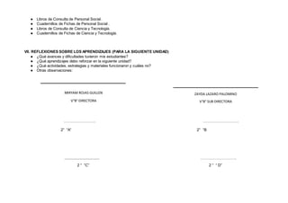 ● Libros de Consulta de Personal Social.
● Cuadernillos de Fichas de Personal Social .
● Libros de Consulta de Ciencia y Tecnología.
● Cuadernillos de Fichas de Ciencia y Tecnología.
VII. REFLEXIONES SOBRE LOS APRENDIZAJES (PARA LA SIGUIENTE UNIDAD)
● ¿Qué avances y dificultades tuvieron mis estudiantes?
● ¿Qué aprendizajes debo reforzar en la siguiente unidad?
● ¿Qué actividades, estrategias y materiales funcionaron y cuáles no?
● Otras observaciones:
……………………. ……………………….
2° “A” 2° “B
.................................. ……………………….
2 ° ”C” 2 ° “ D”
ZAYDA LAZARO PALOMINO
V°B° SUB DIRECTORA
MIRYAM ROJAS GUILLEN
V°B° DIRECTORA
 