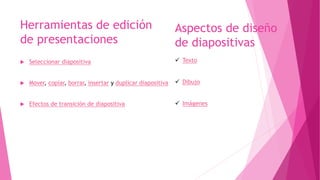 Herramientas de edición
de presentaciones
 Seleccionar diapositiva
 Mover, copiar, borrar, insertar y duplicar diapositiva
 Efectos de transición de diapositiva
Aspectos de diseño
de diapositivas
 Texto
 Dibujo
 Imágenes
 