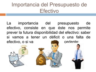 Importancia del Presupuesto de
Efectivo
La
importancia
del
presupuesto
de
efectivo, consiste en que éste nos permite
prever la futura disponibilidad del efectivo: saber
si vamos a tener un déficit o una falta de
efectivo, o si vamos a tener un excedente;

 