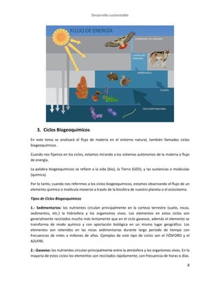 Desarrollo sustentable
8
3. Ciclos Biogeoquímicos
En este tema se analizará el flujo de materia en el entorno natural, también llamados ciclos
biogeoquímicos.
Cuando nos fijamos en los ciclos, estamos mirando a los sistemas autónomos de la materia o flujo
de energía.
La palabra biogeoquímicos se refiere a la vida (bio), la Tierra (GEO), y las sustancias o moléculas
(química).
Por lo tanto, cuando nos referimos a los ciclos biogeoquímicos, estamos observando el flujo de un
elemento químico o molécula moverse a través de la biosfera de nuestro planeta o el ecosistema.
Tipos de Ciclos Biogeoquímicos
1.- Sedimentarios: los nutrientes circulan principalmente en la corteza terrestre (suelo, rocas,
sedimentos, etc.) la hidrosfera y los organismos vivos. Los elementos en estos ciclos son
generalmente reciclados mucho más lentamente que en el ciclo gaseoso, además el elemento se
transforma de modo químico y con aportación biológica en un mismo lugar geográfico. Los
elementos son retenidos en las rocas sedimentarias durante largo periodo de tiempo con
frecuencias de miles a millones de años. Ejemplos de este tipo de ciclos son el FÓSFORO y el
AZUFRE.
2.- Gaseoso: los nutrientes circulan principalmente entre la atmósfera y los organismos vivos. En la
mayoría de estos ciclos los elementos son reciclados rápidamente, con frecuencia de horas o días.
 