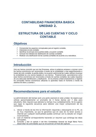 CONTABILIDAD FINANCIERA BASICA
                     UNIDAD 2.

         ESTRUCTURA DE LAS CUENTAS Y CICLO
                    CONTABLE

Objetivos
        Comprender los aspectos conceptuales para el registro contable.
        Interpretar el ciclo contable
        Identificar el principio de la partida doble y ecuación contable
        Conocer los métodos de clasificación de cuentas contables
        Realizar una clasificación de las cuentas contables de acuerdo a su naturaleza.




Introducción
Una vez hemos conocido que son las Empresas, ahora si podemos empezar a conocer como
los hechos económicos son reconocidos a través de la contabilidad y mas específicamente a
través del ciclo contable. la partida doble y la ecuación patrimonial las cuales ratifican el porque
la contabilidad es una ciencia basada en una técnica. Posteriormente, aprenderemos como
esos hechos económicos son reconocidos a través de cuentas contables, las cuales requieres
de una adecuada identificación y clasificación. En la próxima unidad empezaremos a registrar
los principales hechos económicos utilizando lo aprendido hasta el momento a través de
asientos de diario y cuentas t.




Recomendaciones para el estudio

La administración del tiempo será una parte esencial en esta unidad. Se espera que
utilices aproximadamente un promedio de 4 horas diarias por 7 días para
estudiarla. Esto requiere que planees tu tiempo muy cuidadosamente. Se te sugiere
que sigas la siguiente secuencia para obtener una mejor comprensión de los
contenidos.

1.   Ubicar a través de los link la información requerida y descargarla en tu PC, es
     es muy importante, ya que te garantiza que en caso de no tener acceso a
     internet por cualquier eventualidad puedas continuar con tu estudio sin ningún
     inconveniente.
2.   Leer el material correspondiente haciendo un resumen que contenga las ideas
     principales.
3.   Consultar y leer el capitulo 4 del libro Contabilidad General de Angel Maria Fierro
     desarrollar las actividades que se encuentran al final del capitulo.
 