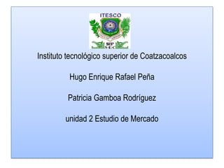 Instituto tecnológico superior de Coatzacoalcos

          Hugo Enrique Rafael Peña

         Patricia Gamboa Rodríguez

        unidad 2 Estudio de Mercado
 