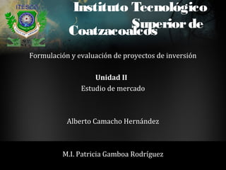 Instituto Tecnológico
                     Superior de
           Coatzacoalcos
Formulación y evaluación de proyectos de inversión

                   Unidad II
               Estudio de mercado



           Alberto Camacho Hernández



         M.I. Patricia Gamboa Rodríguez
 
