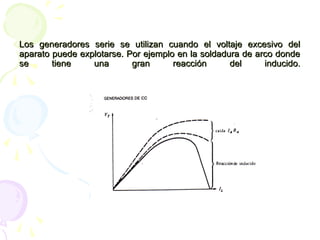 Los generadores serie se utilizan cuando el voltaje excesivo delLos generadores serie se utilizan cuando el voltaje excesivo del
aparato puede explotarse. Por ejemplo en la soldadura de arco dondeaparato puede explotarse. Por ejemplo en la soldadura de arco donde
se tiene una gran reacción del inducido.se tiene una gran reacción del inducido.
 