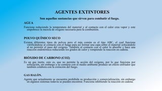 Son aquellas sustancias que sirven para combatir el fuego.
AGUA
Funciona reduciendo la temperatura del material y al contacto con el calor crea vapor y este
empobrece la mezcla de oxígeno necesaria para la combustión.
POLVO QUÍMICO SECO
Existen diferentes tipos de polvos pero el más común es el tipo ABC, el cual funciona
vitrificándose al contacto con el fuego para así formar una capa sobre el material sofocándolo
al no permitir el paso del oxígeno. También al contacto con el calor lo absorbe y hace una
reacción endotérmica reduciendo los grados de calor y rompiendo la reacción en cadena.
BIÓXIDO DE CARBONO (CO2)
Es un gas inerte, esto es, que no permite la acción del oxígeno, por lo que funciona por
sofocación, sin embargo a su contacto con el medio ambiente produce un efecto enfriador que
también colabora con la extinción del fuego.
GAS HALÓN.
Agente que actualmente se encuentra prohibida su producción y comercialización, sin embargo
en algunos sistemas todavía se pueden encontrar. Funciona inhibiendo la reacción en cadena.
AGENTES EXTINTORES
 