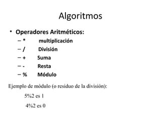 Algoritmos
• Operadores Aritméticos:
– * multiplicación
– / División
– + Suma
– - Resta
– % Módulo
Ejemplo de módulo (o re...