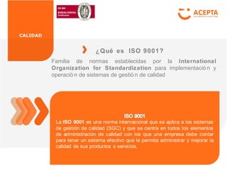 CALIDAD
Familia de normas establecidas por la International
Organization for Standardization para implementació n y
operació n de sistemas de gestió n de calidad
¿Qué es ISO 9001?
 