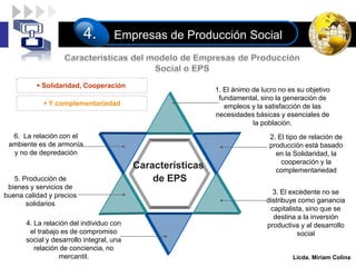 LOGO
Licda. Miriam Colina
Empresas de Producción Social
4.
4. La relación del individuo con
el trabajo es de compromiso
social y desarrollo integral, una
relación de conciencia, no
mercantil.
6. La relación con el
ambiente es de armonía
y no de depredación
5. Producción de
bienes y servicios de
buena calidad y precios
solidarios
2. El tipo de relación de
producción está basado
en la Solidaridad, la
cooperación y la
complementariedad
3. El excedente no se
distribuye como ganancia
capitalista, sino que se
destina a la inversión
productiva y al desarrollo
social
1. El ánimo de lucro no es su objetivo
fundamental, sino la generación de
empleos y la satisfacción de las
necesidades básicas y esenciales de
la población.
Características
de EPS
 Solidaridad, Cooperación
 Y complementariedad
 