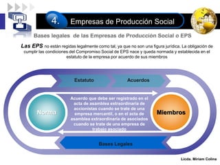 LOGO
Licda. Miriam Colina
Empresas de Producción Social
4.
Bases Legales
Estatuto Acuerdos
Norma Miembros
Acuerdo que debe ser registrado en el
acta de asamblea extraordinaria de
accionistas cuando se trate de una
empresa mercantil, o en el acta de
asamblea extraordinaria de asociados
cuando se trate de una empresa de
trabajo asociado
Las EPS no están regidas legalmente como tal, ya que no son una figura jurídica. La obligación de
cumplir las condiciones del Compromiso Social de EPS nace y queda normada y establecida en el
estatuto de la empresa por acuerdo de sus miembros
 