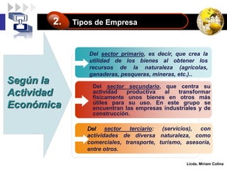 LOGO Tipos de Empresa
2.
Según la
Actividad
Económica
Del sector terciario: (servicios), con
actividades de diversa naturaleza, como
comerciales, transporte, turismo, asesoría,
entre otros.
Del sector secundario, que centra su
actividad productiva al transformar
físicamente unos bienes en otros más
útiles para su uso. En este grupo se
encuentran las empresas industriales y de
construcción.
Del sector primario, es decir, que crea la
utilidad de los bienes al obtener los
recursos de la naturaleza (agrícolas,
ganaderas, pesqueras, mineras, etc.)..
Licda. Miriam Colina
 