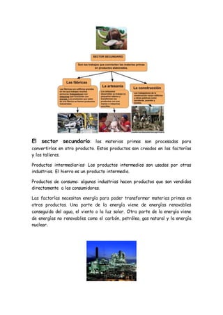 El sector secundario: las materias primas son procesadas para
convertirlas en otro producto. Estos productos son creados en las factorías
y los talleres.
Productos intermediarios: Los productos intermedios son usados por otras
industrias. El hierro es un producto intermedio.
Productos de consumo: algunas industrias hacen productos que son vendidos
directamente a los consumidores.
Las factorías necesitan energía para poder transformar materias primas en
otros productos. Una parte de la energía viene de energías renovables
conseguida del agua, el viento o la luz solar. Otra parte de la energía viene
de energías no renovables como el carbón, petróleo, gas natural y la energía
nuclear.
 
