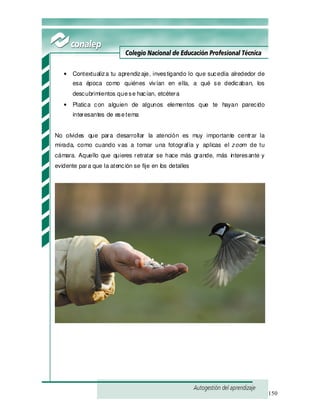 150
• Contextualiza tu aprendizaje, investigando lo que sucedía alrededor de
esa época como quiénes vivían en ella, a qué se dedicaban, los
descubrimientos quese hacían, etcétera
• Platica con alguien de algunos elementos que te hayan parecido
interesantes de esetema
No olvides que para desarrollar la atención es muy importante centrar la
mirada, como cuando vas a tomar una fotografía y aplicas el zoom de tu
cámara. Aquello que quieres retratar se hace más grande, más interesante y
evidente para que la atención se fije en los detalles
 