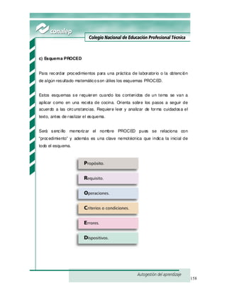 158
c) Esquema PROCED
Para recordar procedimientos para una práctica de laboratorio o la obtención
de algún resultado matemáticoson útiles los esquemas PROCED.
Estos esquemas se requieren cuando los contenidos de un tema se van a
aplicar como en una receta de cocina. Orienta sobre los pasos a seguir de
acuerdo a las circunstancias. Requiere leer y analizar de forma cuidadosa el
texto, antes de realizar el esquema.
Será sencillo memorizar el nombre PROCED pues se relaciona con
“procedimiento” y además es una clave nemotécnica que indica la inicial de
todo el esquema.
 