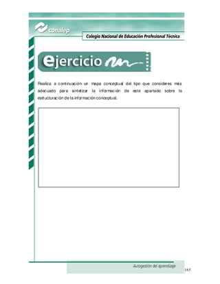 165
Realiza a continuación un mapa conceptual del tipo que consideres más
adecuado para sintetizar la información de este apartado sobre la
estructuración de la información conceptual.
 