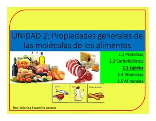 UNIDAD 2: Propiedades generales de
las moléculas de los alimentos
2.1 Proteínas
2.2 Carbohidratos
2.3 Lípidos
2.4 Vitaminas
2.5 Minerales
Dra. Yolanda Escamilla Lozano
 