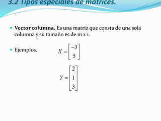 3.2 Tipos especiales de matrices.
 Vector columna. Es una matriz que consta de una sola
columna y su tamaño es de m x 1.
 Ejemplos. 3
5
X
 
  
 
2
1
3
Y
 
   
  
 