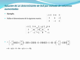  Ejemplo.
 Hallar el determinante de la siguiente matriz.
 =
=-6 – 15/2 – 6 – 60 – 9/2 + 1 = -83
215
263
24/32/1



15
63
4/32/1
215
263
24/32/1





                    
























4
3
32
2
1
2126513252
4
3
26
2
1
Solución de un determinante de 3x3 por método de columnas
aumentadas
 
