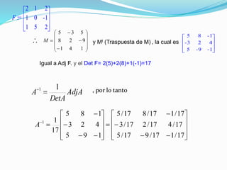 , por lo tanto















141
928
535
M y Mt (Traspuesta de M) , la cual es












5 8 -1
-3 2 4
5 -9 -1
Igual a Adj F. y el Det F= 2(5)+2(8)+1(-1)=17
AdjA
DetA
A
11





























17/117/917/5
17/417/217/3
17/117/817/5
195
423
185
17
11
A
:=F












2 1 2
1 0 -1
1 5 2
 