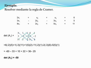 Ejemplo.
Resolver mediante la regla de Cramer.
det (A1) =
=6(-2)(5)+1(-3)(11)+1(5)(2)-11(-2)(1)-2(-3)(6)-5(5)(1)
= -60 – 33 + 10 + 22 + 36– 25
det (A1) = -50
2x1 + x2 + x3 = 6
3x1 - 2x2 - 3x3 = 5
8x1 + 2x2 + 5x3 = 11
211
25
16
5211
325
116

 