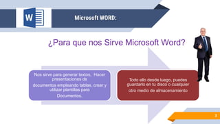 3
Microsoft WORD:
¿Para que nos Sirve Microsoft Word?
Nos sirve para generar textos, Hacer
presentaciones de
documentos empleando tablas, crear y
utilizar plantillas para
Documentos.
Todo ello desde luego, puedes
guardarlo en tu disco o cualquier
otro medio de almacenamiento
 
