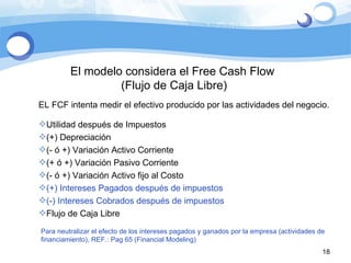 El modelo considera el Free Cash Flow  (Flujo de Caja Libre) EL FCF intenta medir el efectivo producido por las actividades del negocio. Utilidad después de Impuestos (+) Depreciación (- ó +) Variación Activo Corriente (+ ó +) Variación Pasivo Corriente (- ó +) Variación Activo fijo al Costo (+) Intereses Pagados después de impuestos (-) Intereses Cobrados después de impuestos Flujo de Caja Libre Para neutralizar el efecto de los intereses pagados y ganados por la empresa (actividades de financiamiento), REF.: Pag 65 (Financial Modeling) 