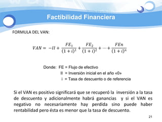Factibilidad Financiera Donde:  FE = Flujo de efectivo II  = Inversión inicial en el año «0» i  = Tasa de descuento o de referencia FORMULA DEL VAN: Si el VAN es positivo significará que se recuperó la  inversión a la tasa de descuento y adicionalmente habrá ganancias  y si el VAN es negativo no necesariamente hay perdida sino puede haber rentabilidad pero ésta es menor que la tasa de descuento. 