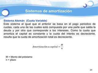 Sistema Alemán  (Cuota Variable) Este sistema al igual que el anterior se basa en el pago periodico de cuotas, cada una de las cuales está compuesta por una parte que salda la deuda y por otra que corresponde a los intereses. Como la cuota que amortiza el capital es constante y la cuota del  interés  es decreciente, resulta que la cuota de amortización total es  decreciente . M = Monto del préstamo n = plazo Sistemas de amortización 