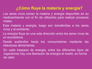¿Cómo fluye la materia y energía?
Los seres vivos toman la materia y energía disponible en su
medioambiente con el fin de utilizarlos para realizar procesos
vitales.
Esta materia y energía, luego son transferidas a los seres
vivos y al ambiente.
La energía fluye en una sola dirección entre los seres vivos de
un ecosistema.
Desde autótrofos hacia los consumidores mediante las
relaciones alimentarias.
En cada traspaso de energía, entre los diferentes tipos de
organismos hay una liberación de energía al medio, en forma
de calor.
 