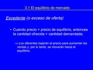 3.1 El equilibrio de mercado
Excedente (o exceso de oferta)
• Cuando precio > precio de equilibrio, entonces
la cantidad ofrecida > cantidad demandada.
⇒ Los oferentes bajarán el precio para aumentar las
ventas y, por lo tanto, se moverán hacia el
equilibrio.
 