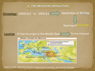4. THE NEOLITHIC REVOLUTION

Chronology: 10000 B.C to 3500 B.C

Appearance of Writing

Beginning of HISTORY

Location: It has its origin in the Middle East

Fertile Crescent

NEOLITHIC REVOLUTION: Important economic and social changes

 