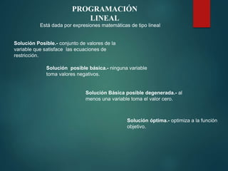 PROGRAMACIÓN
LINEAL
Solución Posible.- conjunto de valores de la
variable que satisface las ecuaciones de
restricción.
Solución Básica posible degenerada.- al
menos una variable toma el valor cero.
Solución posible básica.- ninguna variable
toma valores negativos.
Solución óptima.- optimiza a la función
objetivo.
Está dada por expresiones matemáticas de tipo lineal
 