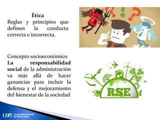 Ética
Reglas y principios que
definen la conducta
correcta e incorrecta.
Concepto socioeconómico
La responsabilidad
social de la administración
va más allá de hacer
ganancias para incluir la
defensa y el mejoramiento
del bienestar de la sociedad
 