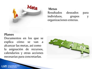 Metas
Resultados deseados para
individuos, grupos y
organizaciones enteras.
Planes
Documentos en los que se
explica cómo se van a
alcanzar las metas, así como
la asignación de recursos,
calendarios y otras acciones
necesarias para concretarlas.
 