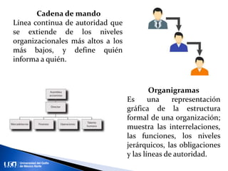 Cadena de mando
Línea continua de autoridad que
se extiende de los niveles
organizacionales más altos a los
más bajos, y define quién
informa a quién.
Organigramas
Es una representación
gráfica de la estructura
formal de una organización;
muestra las interrelaciones,
las funciones, los niveles
jerárquicos, las obligaciones
y las líneas de autoridad.
 