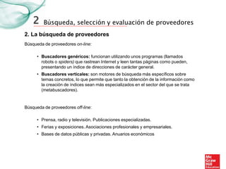 Búsqueda, selección y evaluación de proveedores
2. La búsqueda de proveedores
2
Búsqueda de proveedores on-line:
• Buscadores genéricos: funcionan utilizando unos programas (llamados
robots o spiders) que rastrean Internet y leen tantas páginas como pueden,
presentando un índice de direcciones de carácter general.
• Buscadores verticales: son motores de búsqueda más específicos sobre
temas concretos, lo que permite que tanto la obtención de la información como
la creación de índices sean más especializados en el sector del que se trata
(metabuscadores).
Búsqueda de proveedores off-line:
• Prensa, radio y televisión. Publicaciones especializadas.
• Ferias y exposiciones. Asociaciones profesionales y empresariales.
• Bases de datos públicas y privadas. Anuarios económicos
 