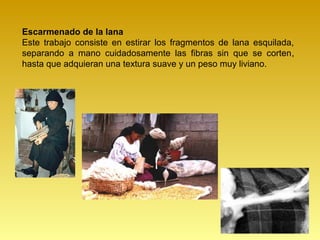 Escarmenado de la lana
Este trabajo consiste en estirar los fragmentos de lana esquilada,
separando a mano cuidadosamente las fibras sin que se corten,
hasta que adquieran una textura suave y un peso muy liviano.
 