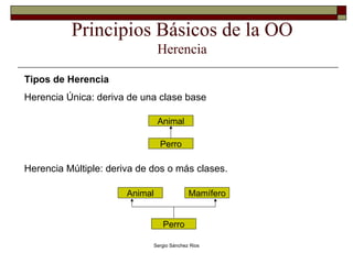 Principios Básicos de la OO Herencia Tipos de Herencia Herencia Única: deriva de una clase base Herencia Múltiple: deriva de dos o más clases. Animal Perro Animal Perro Mamífero 