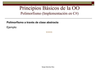 Principios Básicos de la OO Polimorfismo (Implementación en C#) Polimorfismo a través de clase abstracta Ejemplo: >>>> 