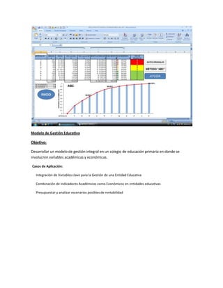 Modelo de Gestión Educativa
Objetivo:
Desarrollar un modelo de gestión integral en un colegio de educación primaria en donde se
involucren variables académicas y económicas.
Casos de Aplicación:
Integración de Variables clave para la Gestión de una Entidad Educativa
Combinación de Indicadores Académicos como Económicos en entidades educativas
Presupuestar y analizar escenarios posibles de rentabilidad

 