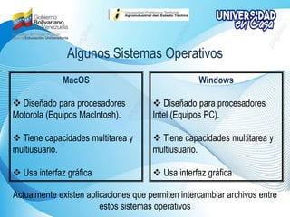 MacOS
 Diseñado para procesadores
Motorola (Equipos MacIntosh).
 Tiene capacidades multitarea y
multiusuario.
 Usa interfaz gráfica
Algunos Sistemas Operativos
Windows
 Diseñado para procesadores
Intel (Equipos PC).
 Tiene capacidades multitarea y
multiusuario.
 Usa interfaz gráfica.
Actualmente existen aplicaciones que permiten intercambiar archivos entre
estos sistemas operativos
 
