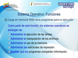 Sistema Operativo: Funciones
2) Carga en memoria RAM otros programas para su ejecución.
Como parte de esta función, los sistemas operativos se
encargan de:
Administrar la ejecución de las tareas.
Administrar la manipulación de los archivos.
Administrar el uso de la memoria.
Administrar las solicitudes de impresión.
Facilitar que los programas compartan información.
 