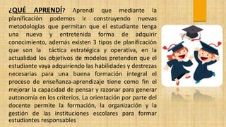 ¿QUÉ APRENDÍ? Aprendí que mediante la
planificación podemos ir construyendo nuevas
metodologías que permitan que el estudiante tenga
una nueva y entretenida forma de adquirir
conocimiento, además existen 3 tipos de planificación
que son la táctica estratégica y operativa, en la
actualidad los objetivos de modelos pretenden que el
estudiante vaya adquiriendo las habilidades y destrezas
necesarias para una buena formación integral el
proceso de enseñanza-aprendizaje tiene como fin el
mejorar la capacidad de pensar y razonar para generar
autonomía en los criterios. La orientación por parte del
docente permite la formación, la organización y la
gestión de las instituciones escolares para formar
estudiantes responsables
 