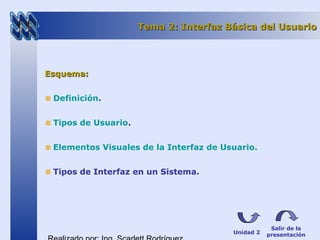 Tema 2: Interfaz Básica del UsuarioTema 2: Interfaz Básica del Usuario
Esquema:Esquema:
Definición.
Tipos de Usuario.
Elementos Visuales de la Interfaz de Usuario.
Tipos de Interfaz en un Sistema.
Salir de la
presentaciónUnidad 2
 