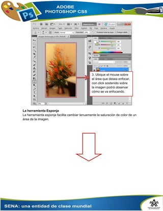 La herramienta Esponja
La herramienta esponja facilita cambiar tenuemente la saturación de color de un
área de la imagen.
3. Ubique el mouse sobre
el área que desea enfocar,
con click sostenido sobre
la imagen podrá observar
cómo se va enfocando.
 