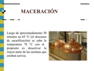 MACERACIÓN
Luego de aproximadamente 30
minutos en 65 °C (el descanso
de sacarificación) se sube la
temperatura 78 °C con el
propósito es desactivar la
mayor parte de las enzimas que
estaban activas.
 