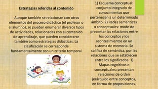 Estrategias referidas al contenido
Aunque también se relacionan con otros
elementos del proceso didáctico (el profesor o
el alumno), se pueden enumerar diversos tipos
de actividades, relacionadas con el contenido
de aprendizaje, que pueden considerarse
también como estrategias didácticas. La
clasificación se corresponde
fundamentalmente con un criterio temporal
1) Esquema conceptual:
conjunto integrado de
conocimientos que
pertenecen a un determinado
ámbito. 2) Redes semánticas
o conceptuales: modo de
presentar las relaciones entre
los conceptos y los
acontecimientos en un
sistema de memoria. Se
califica de semántica, por las
relaciones que se establecen
entre los significados. 3)
Mapas cognitivos o
conceptuales: presentan
relaciones de orden
jerárquico entre conceptos,
en forma de proposiciones.
 