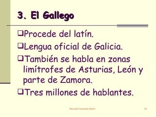3. El Gallego Procede del latín. Lengua oficial de Galicia. También se habla en zonas limítrofes de Asturias, León y parte de Zamora. Tres millones de hablantes. 