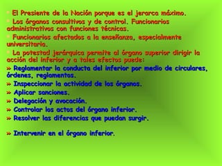 El Presiente de la Nación porque es el jerarca máximo.  Los órganos consultivos y de control. Funcionarios administrativos con funciones técnicas.  Funcionarios afectados a la enseñanza, especialmente universitaria.  La potestad jerárquica permite al órgano superior dirigir la acción del inferior y a tales efectos puede: »  Reglamentar la conducta del inferior por medio de circulares, órdenes, reglamentos.  »  Inspeccionar la actividad de los órganos. »  Aplicar sanciones. »  Delegación y avocación.  »  Controlar los actos del órgano inferior. »  Resolver las diferencias que puedan surgir. »  Intervenir en el órgano inferior .   